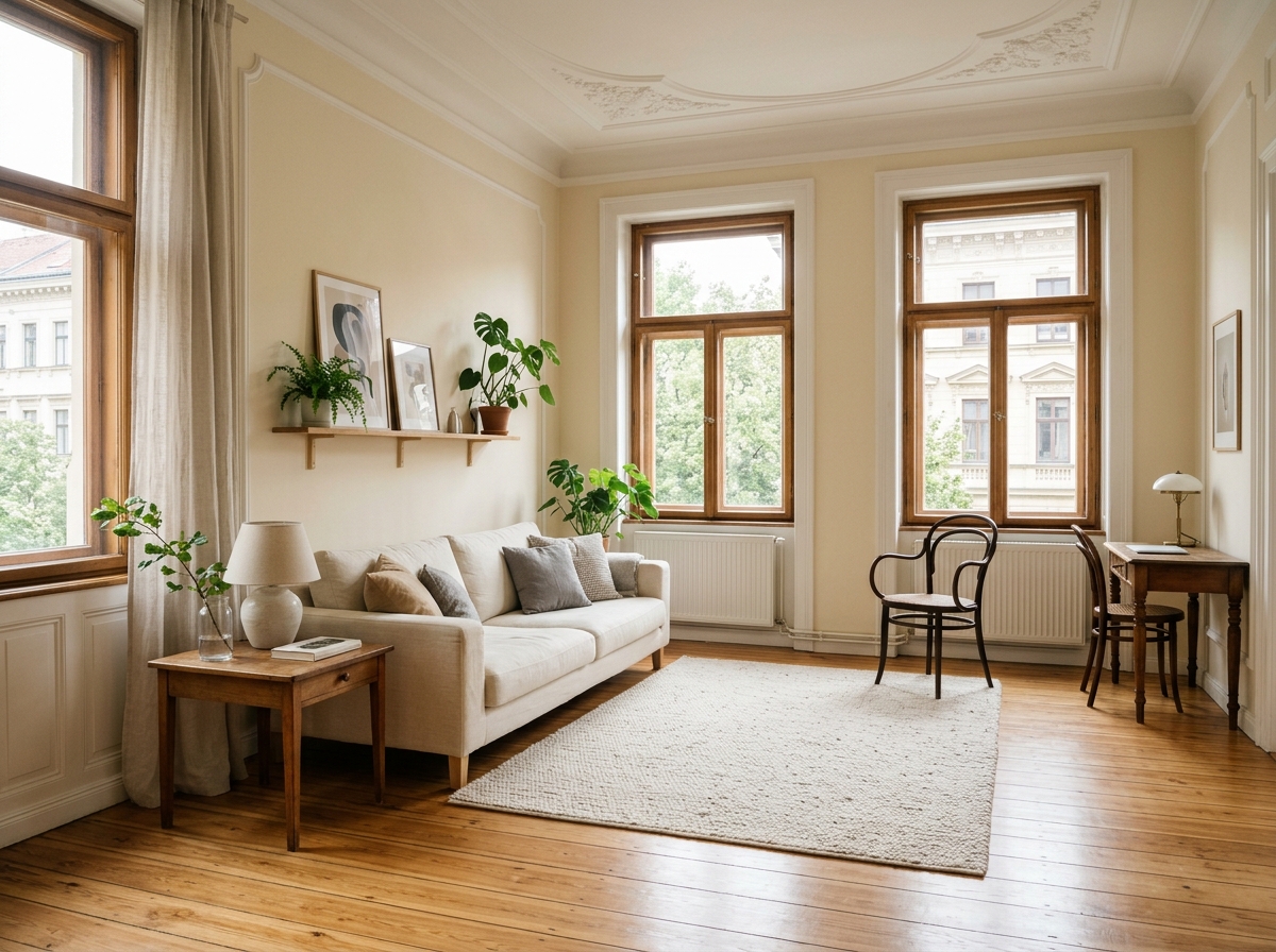 Helles Wiener Apartment mit frisch gereinigtem Holzboden und warmem Tageslicht