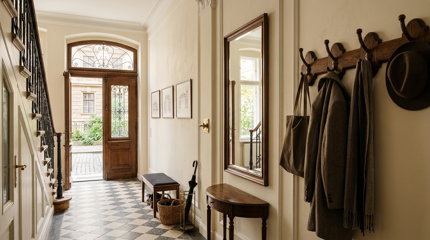 Gepflegter Eingangsbereich einer Wiener Wohnung mit Spiegel und Tageslicht